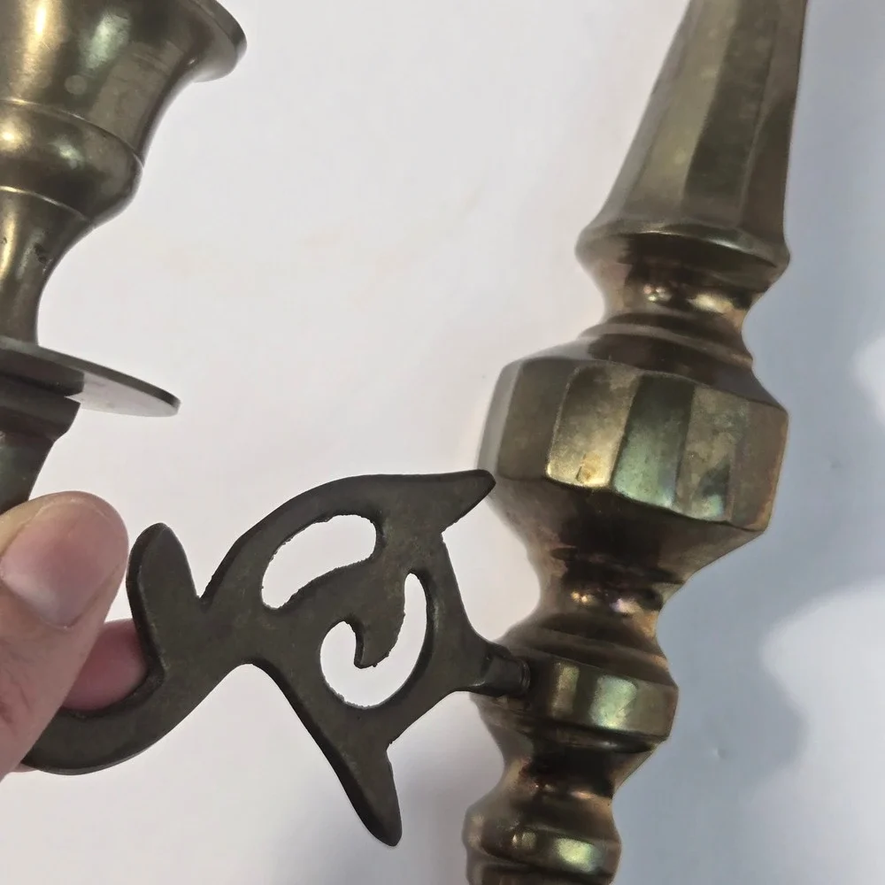 Vintage Solid Brass Wall Sconce Candle Holders Set of 2 Ornate Scroll Arm 10.5